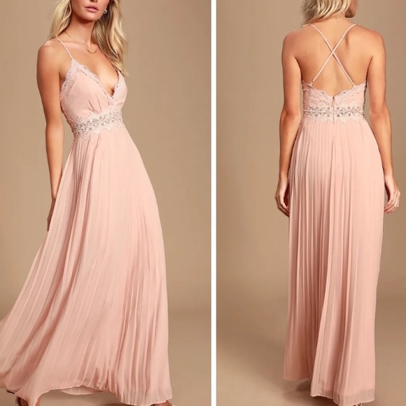 ❤️ Romantic Intentions Blush Pink Lace Pleated Backless Maxi Dress - Picture 1 of 6